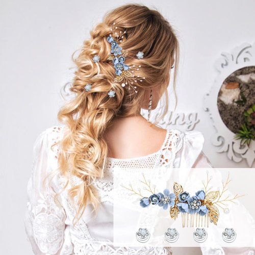 Cinaci 18 Pieces Bridal Wedding Party Prom Pearl Rhinestone Light Blue Flower Hair Side Combs Slides+U-shaped Flower Hair Pins+Twist Spiral Hairpins Floral Headpieces for Brides Bridesmaids Women Girl