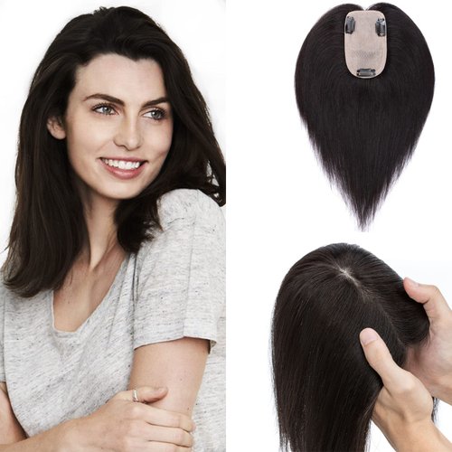 S-noilite Hair Toppers for Women Real Human Hair Topper No Bangs Upgraded Scalp Base Double Diamond Mesh #1B Natural Black 8 Inch Hair Pieces for Women with Thinning Hair clip in topper 41g