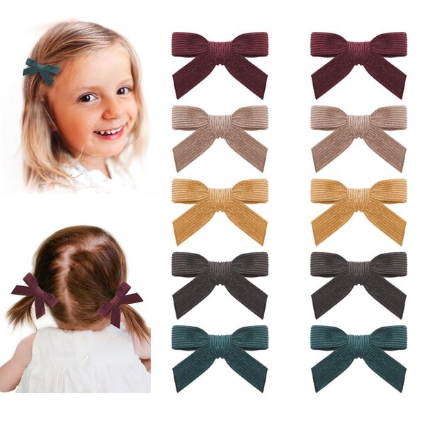 Esumun Baby Girl Corduroy Hair Bow Clips 5 Pairs, Quality Bow with Alligator Clips 10Pcs for Infants Toddlers School Girls (set A)