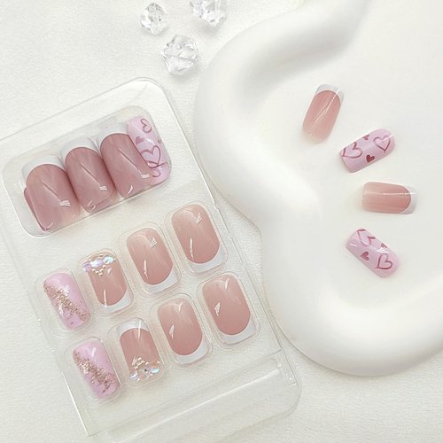 Press on Nails Short Square Fake Nails White French Tip False Nails with Heart Designs Pink & Nude Acrylic Nails Glossy Artificial Nails Gold Glitter & Rhinestones Glue on Nails for Women 24Pcs