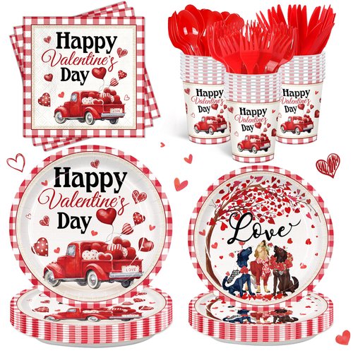 168pcs Valentine’s Day Plates and Napkins Valentine’s Day Party Supplies Paper Cups Red Truck Tableware for Valentine’s Day Party Decorations Serve 24 Guests