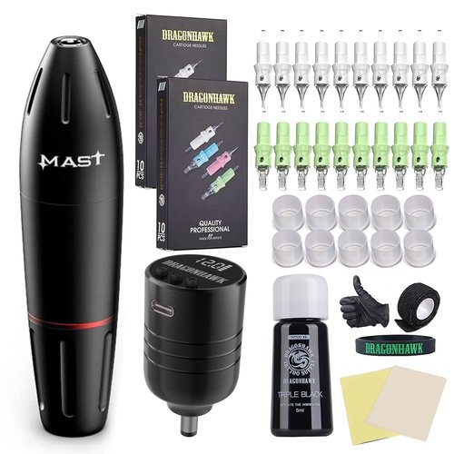 Dragonhawk Tattoo Gun Kit Wirless Rotary Pen Machine, 20Pcs Needles Cartridges Cordless Battery Power Supply for Beginners