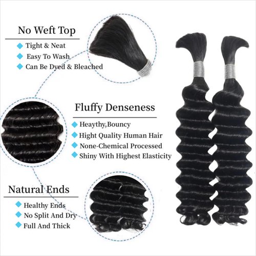 Yifute Human Hair Braiding Hair Deep Wave Bulk 100 percent Human Hair 16Inch Unprocessed Brazilian Hair for Human Hair Extensions 2 Braids Per of 1 pack 50g Human Hair for Micro braiding No Weft