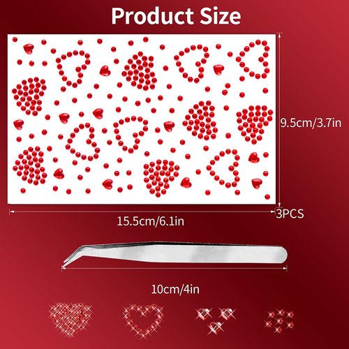 3 Sheets Rhinestone Sticker Self Adhesive Rhinestones Gems for Face Eyes Makeup Hair Body Stick on Rhinestones Stickers for Valentine Festival Decal Decor(Red)