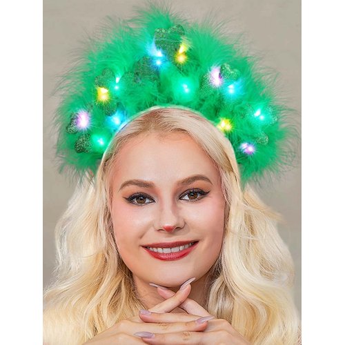 GORTIN St Patrick's Day Headband Light up Shamrock Head Band Green Feather LED Irish Hair Band Festival Party Costume Hair Accessories for Women and Girls