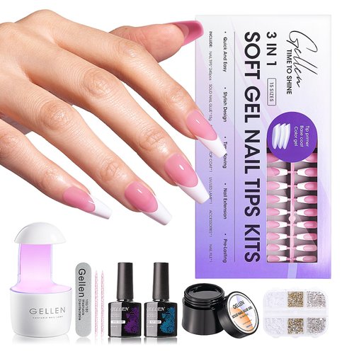 Gellen Soft Gel Nail Tips and Gel Glue Kit - Pink Medium Coffin Press on Nails French Tip Gel Nail Kit, Included Press on Nail Glue and Gel Top Base Coat, Nail UV Lamp Extension Kit