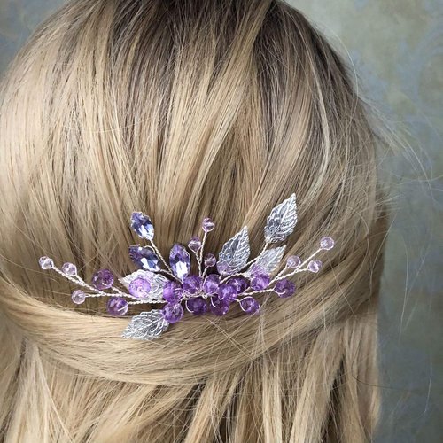 Kercisbeauty Something Purple Crystal Silver Hair Comb for Wedding Brides Handmade Boho Leaf Hair Accessories for Dancing Prom (Purple)