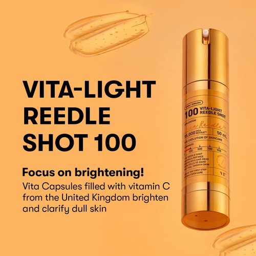 VT Cosmetics Vita-Light Reedle Shot 100, Serum with Vitamin C Capsules, Vitamin E, Hydrating Care, Korean Skincare for Sensitive Skin 1.69Fl Oz(50ml)