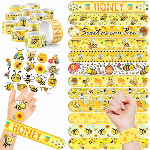 48 Bee 24PCS Bee Temporary Tattoos Sticker 24PCS Slap Bracelets Perfect for Themed Birthday Party...