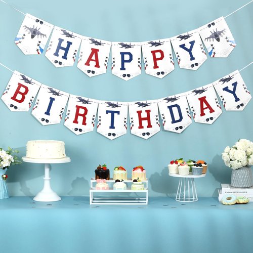 Fighter Pilot Happy Birthday Banner, Red and Blue Fighter Jet/Airplane/Aircraft/Air Force Bunting Garland, Aviator Aviation Themed Birthday Party Decoration Supplies