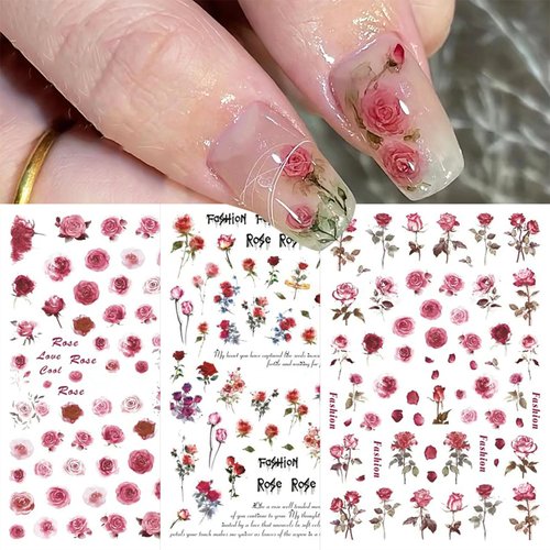 WOKOTO 9 Sheets Flower Nail Art Stickers for Hel Nails 3D Self-Adhesive Pink Red Rose Nail Decals Floral Designs Nail Stickers for Acrylic Nails Art Red Rose Nail Art Design Stickers for Women