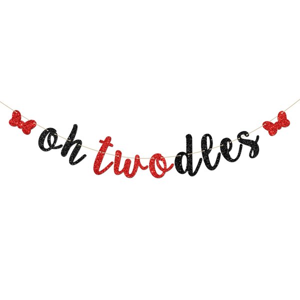 INNORU Oh Twodles Banner, Happy 2nd Birthday Party Hanging Decor for Boys Girls - Cartoon Mouse Theme 2nd Birthday Party Decorations Supplies Banner, Red & Black Glitter
