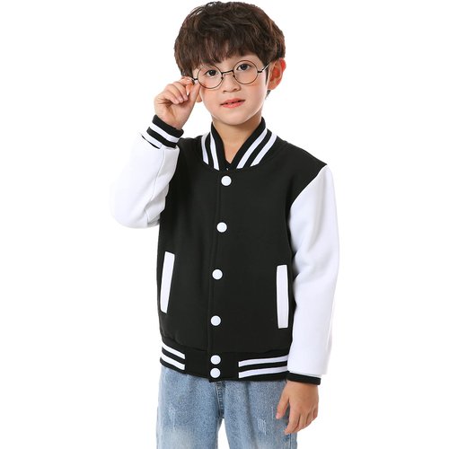 NHUHEQ Baseball Jackets Boys Girls Fit Varsity Jacket Kids Warm Combed Cotton Fleece Jackets (Black,6Y)