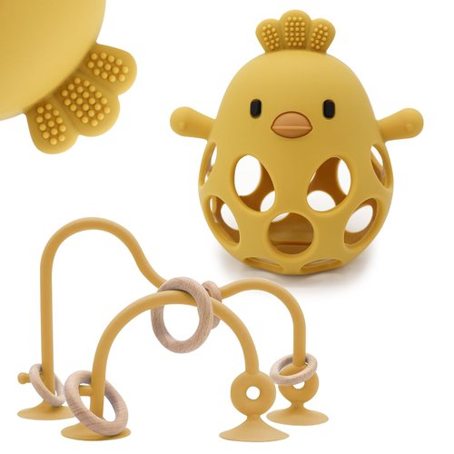Baby High Chair Suction Toys Teething Chew - Baby Table Toys, Baby Teething Toys Silicone Teethers, Food Grade Silicon for 6 12 18 Months (Yellow)