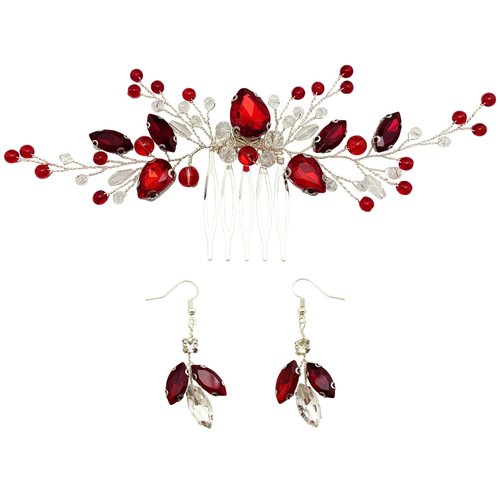 Bridal Crystal Hair Comb and Earrings Set Elegant Bride Wedding Hair Piece Accessories for Women Prom Party Photography (Wine Red)
