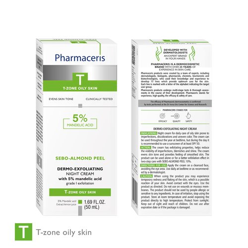 Pharmaceris SEBO ALMOND PEEL 5% Dermo-Exfoliating Night Cream with 5% Mandelic Acid, Reduces Imperfections, Evens Tone, Smooths Texture, For Radiant Skin, 1.69 fl oz