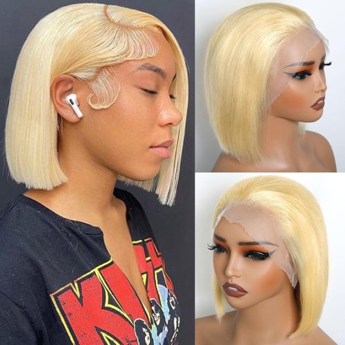 Honey Blonde 613 Short Straight Bob Wigs Human Hair 180% Density 13x4 Transparent Lace Frontal Bo...