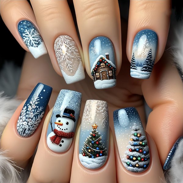 24Pcs Christmas Square Press on Nails Blue Medium Length Fake Nails with Christmas Tree Snowman Snowflakes Patterns Design Xmas Glue on Nails Winter Artificial Nails for Women Acrylic Manicure Salon