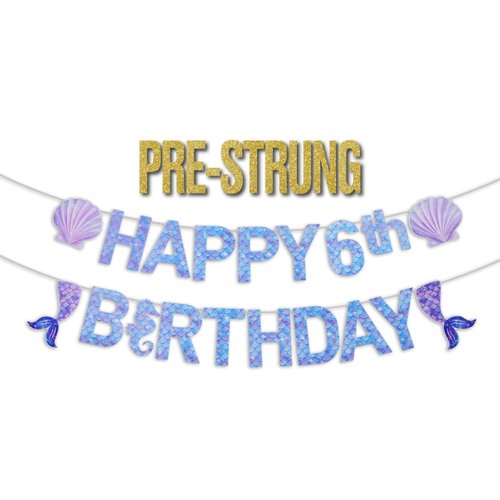 Pre-Strung Mermaid 6th Birthday Banner for Mermaid Birthday Decorations - NO DIY - 6th Mermaid Party Decorations,6th Mermaid Party Supplies（3rd-7th）