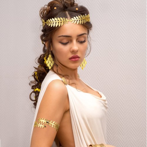 WILLBOND 15 Pieces Greek Goddess Costume Accessories Women Toga Golden Leaves Bridal Crown Headband Bracelet Pearl Earrings and Hair Pins (Stylish Style)