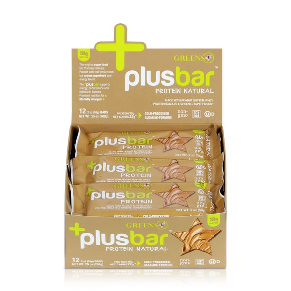 Greens+ Plusbar Protein Natural | Gluten Free Whey Protein Bar | Organic Greens | Non GMO | 12 Bars