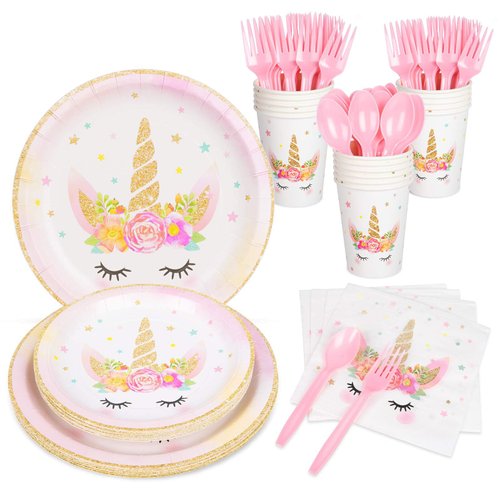 DECORLIFE Unicorn Plates and Napkins Set Serves 16, Unicorn Party Supplies for Girls Birthday, Baby Shower, Cups, Knives, Forks, Spoons Included, Total 112PCS