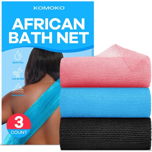 Komoko 3 Pieces African Exfoliating Net (Pink, Blue & Black), Bath Sponge, African Net Sponge, Authentic African Exfoliation Net, Natural Fibers for Smooth and Radiant Skin, Deep Cleanse and Renewal