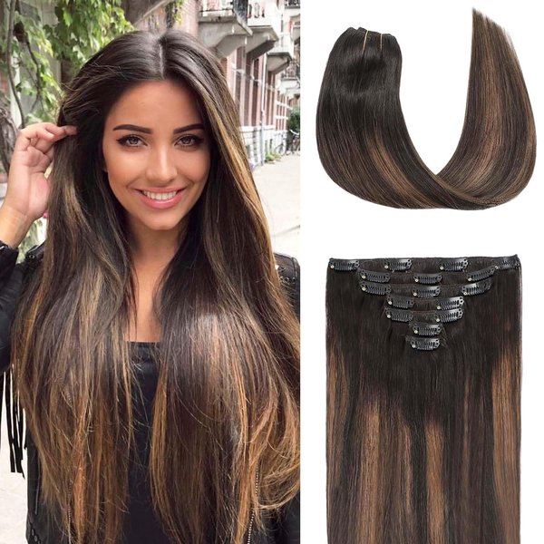 Clip in Hair Extensions,22 Inch Straight Hair Clip in Extensions Seamless Straight Hair Extensions Thick Long Synthetic Hairpieces For Women Natural Hair（Dark Brown Mixed Chestnut Brown）