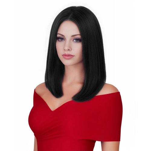 Rugelyss Natural Black Bob Wigs for Women with No Bangs Short Straight Wig with Middle Part 14 Inch Heat Resistant Synthetic Wig Daily Party Use