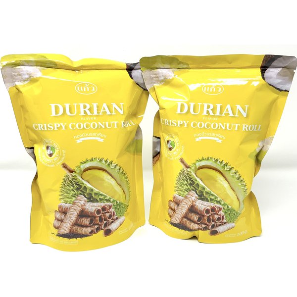 Kaew Thai Crispy Coconut Rolls Durian Flavor 100g Made with Real Coconut Milk (Pack of 2), Shipped by Thai Pantry.net
