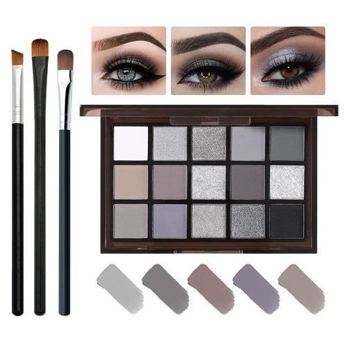 Black Smokey Grey Eyeshadow Palette, 15 Colors Shimmer Matte Eye Shadow Makeup Palette, Colorful Long Lasting High Pigmented Dark Grey Glitter Eyeshadow Palette for Daily,Goth Makeup and Halloween