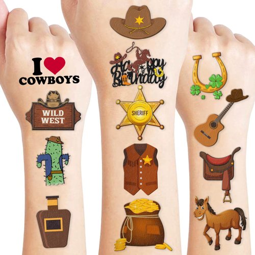 Cowboy First Temporary Tattoos 8 Sheets 78 PCS Western Party Decorations Supplies Favors Horse Rodeo Theme Birthday Cute Stickers Christmas Gifts for Boys Girls Class School Prizes Carnival
