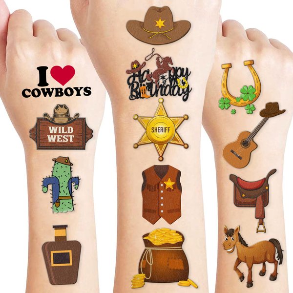 Cowboy First Temporary Tattoos 8 Sheets 78 PCS Western Party Decorations Supplies Favors Horse Rodeo Theme Birthday Cute Stickers Christmas Gifts for Boys Girls Class School Prizes Carnival