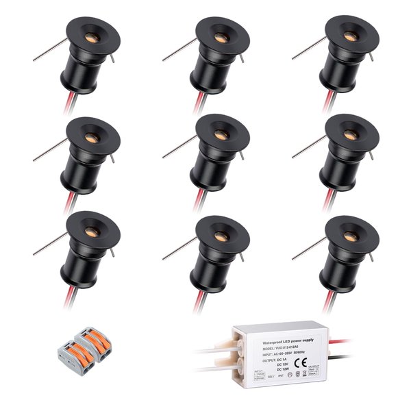 HHTUN Mini Downlight DC12V 1W 3000K 9 Pack Black Shell,Used for Indoor Wardrobe Lighting, Cabinet Lighting, Artwork Mini Light, Embedded Downlight, DIY Mini Light(3000K,Black,9Pack)