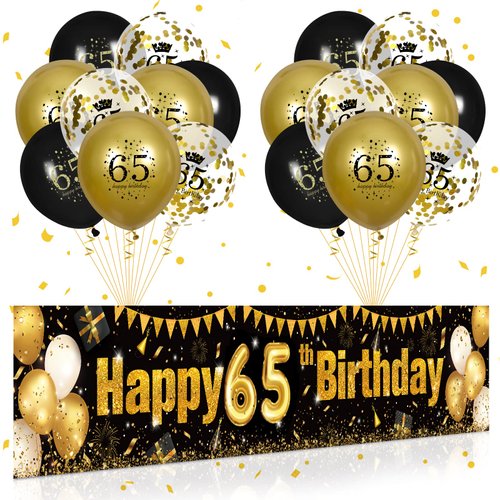 65th Birthday Decorations for Men Women Black and Gold, Black Gold Birthday Yard Banner Sign and 18 PCS 65th Happy Birthday Balloons for 65th Anniversary Birthday Party Supplies Outdoor Yard Decor