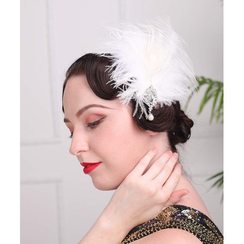 Aimimier 1920s Flapper White Feather Headpiece Crystal Pendant Hair Clip Roaring 20s Feather Accessories Masquerade Hair Jewelry for Women