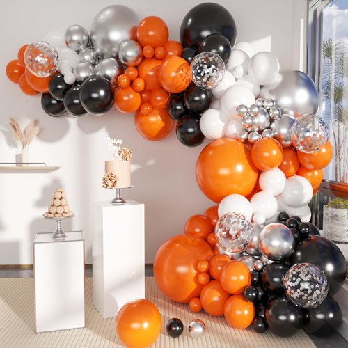 MEBAY Orange Black White and Metallic Silver Balloons Garland Arch Kit, 146 Pcs Latex Balloons with Confetti for Birthday Party Graduation Father's Day Anniversary Bachelorette Party Decoration