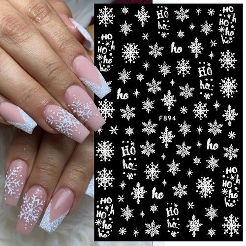 8Pcs Christmas Nail Art Stickers White Snowflake 3D Self-Adhesive Nail Decals Winter Xmas Nail Supplies with Glitter Design for Women Girls DIY Nail Decorations