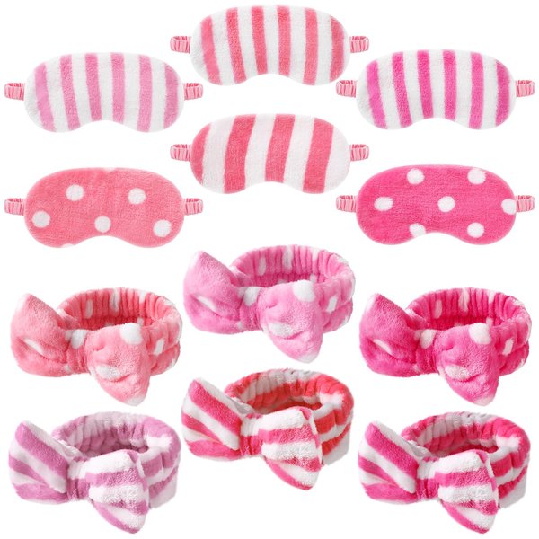 Kajaia 12 Pcs Sleepover Party Favors for Teenager Girl, Spa Headband for Washing Face Bow Makeup Headbands, Plush Sleep Eye Mask for Single Women Spa Pajama Party (Bright)