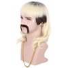karlery 70s 80s Rocker Mullet Wig Long Wave Beige Dark Root Mutsache Wig with 6 Earrings and Golden Necklace Halloween Costume Cosplay Wig