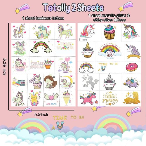 Leesgel (Glow + Metallic Glitter) Temporary Tattoos for Kids Girls Boys, Unicorn Birthday Decorations Party Favors Party Supplies, Kids Temporary Tattoos Toy Tattoos stickers