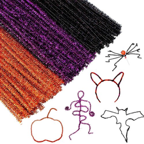 WILLBOND 300 Pcs Halloween Pipe Cleaners Glitter Tinsel Chenille Stems Multicoloured Metallic Pipe Cleaners DIY Art Craft