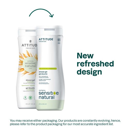 ATTITUDE Body Wash for Sensitive Skin with Oat and Avocado Oil, EWG Verified, Dermatologically Tested, Vegan, 16 Fl Oz