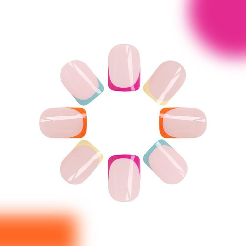 Generic Colorful French Tip Press on Nails Short Square Fake Nails Nude Pink False Nails Natural Glue on Nails Full Cover Acrylic Stick on Nails for Women Manicure Kit 24Pcs
