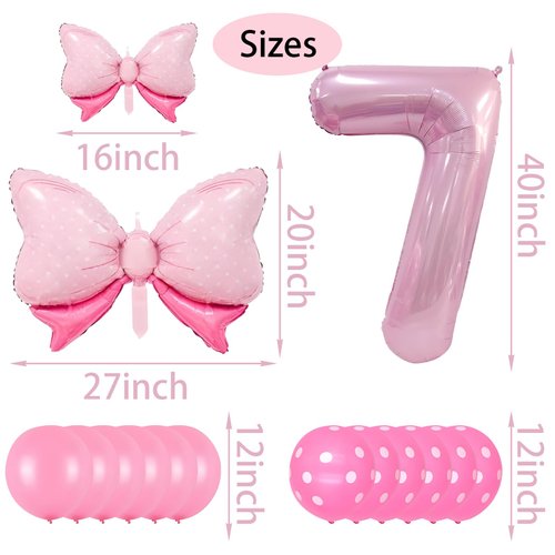 Pink Birthday Balloons Pink Bow Balloons 40 Inch Number Balloons Set for Pink Birthday Decorations 7 Year Old Girl Birthday Party Decoration Balloon Aluminum Film Balloon