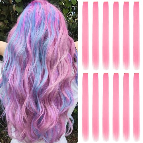 Fanguilar Colored Hair Extensions 12 PCS 24 Inch Cosplay Pink Clip in Hair Extensions Rainbow One Color Party Highlight Long Straight Synthetic Hairpiece for Women Gifts Halloween Party