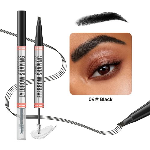 Eyebrow Pen - 2-in-1 Dual-Ended Eyebrow Pen with 4-Fork-Tip & Eyebrow Brush and Sealing Brow Gel, Creates Natural Looking Brows Effortlessly, Long-lasting and Waterproof (Black)