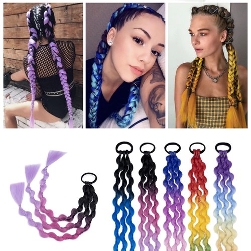 SEGO 2 Pcs Colored Braids Hair Extensions with Rubber Bands Ponytail Extensions Rainbow Braided Synthetic Hair Accessories for Women Kids Girls Party Highlights Dress Up Cosplay -20" CY22