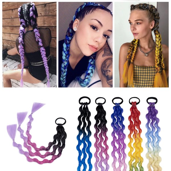 SEGO 2 Pcs Colored Braids Hair Extensions with Rubber Bands Ponytail Extensions Rainbow Braided Synthetic Hair Accessories for Women Kids Girls Party Highlights Dress Up Cosplay -20" CY22
