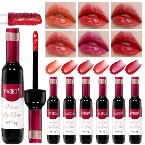 DAGEDA 6Pcs Wine Lip Tint, Lip Tint Stain Set Waterproof Wine Lip Stain Set, Liquid Wine Bottle Lip Gloss, Non-stick Cup Lip Makeup Kit for Girls Women (D Set)